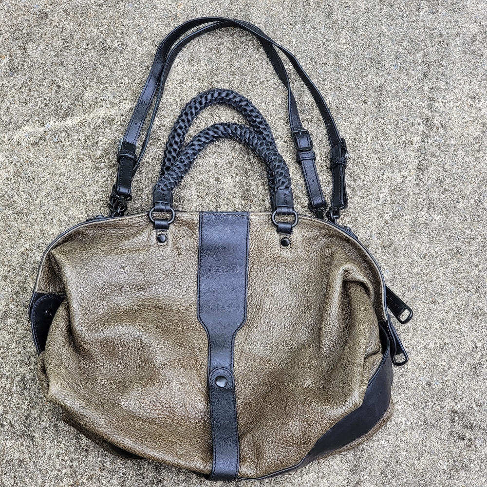 Joy Gryson Olivia Lambskin Leather Green  Espresso Handbag Purse Bag $695 - Picture 2 of 15